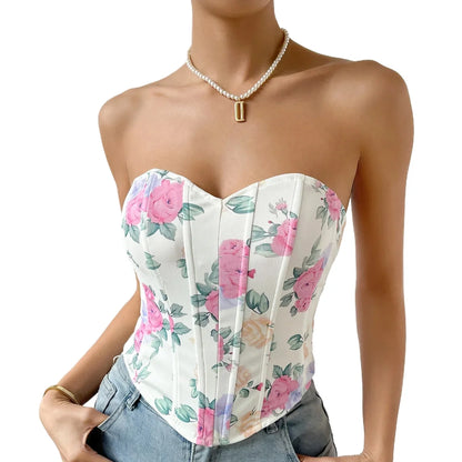 Women Floral Top Sexy Spicy Girl Tank Top Low cut Open Back Flower Wrapped Chest Diamond Fish Bone Strap Waist Vest Tank Top Y2K