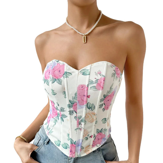 Women Floral Top Sexy Spicy Girl Tank Top Low cut Open Back Flower Wrapped Chest Diamond Fish Bone Strap Waist Vest Tank Top Y2K