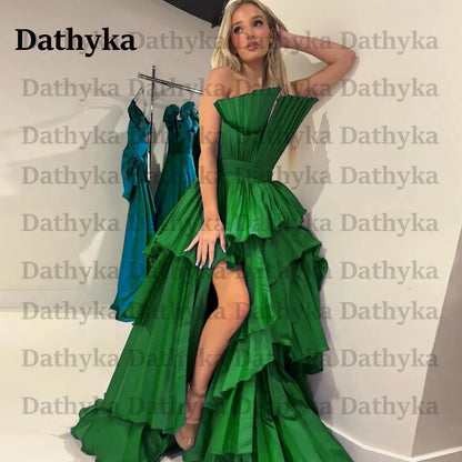 Dathyka Pleats Prom Dress Satin A Line Evening Dress High Slit Tiered Party Dress For Women Strapless Robe De Mariee Customised