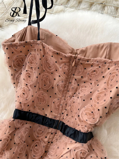 SINGREINY 3D Roses Mesh Straps Dress Polka Dots Backless Zipper Irregular Sundress Women French Senior Chic Evening Long Dress