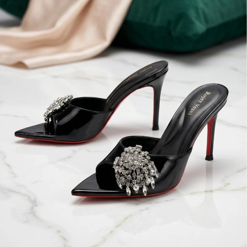 Summer new open toed rhinestone purple straight strap thin heel slippers with feminine feel,wearing crystal shoes and high heels