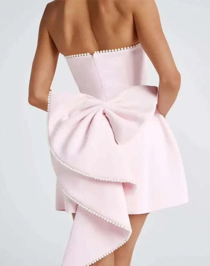 Avrilyaan Bow Pearl Short Backless Sleeveless Sexy Dress Women Elegant Party Dress Strapless Bodycon Mini Summer Dress Vestidos