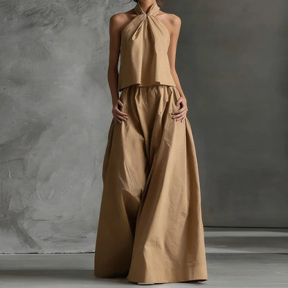 2026 Women Summer Casual Holiday Halter Sleeveless Pullover Top with Wide Leg Pants Two-Piece Set Backless Patchwork Chic Outfit