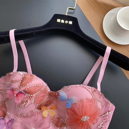 SINGREINY Embroidery Flower Camis Women Strapless Sleeveless Luxury Camisole Slim Hot Summer Sequined Butterfly Sexy Mini Tops