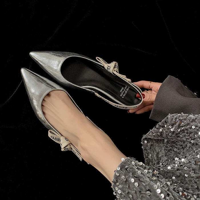 New Summer Low Block Heel Suede Pointed Toe Low-Cut Flats with Letter Back Strap Closed-Toe Sandals