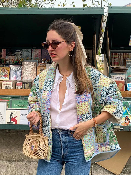 HH Floral Print Jacket For Women Autumn Quilted Reversible Cotton Coat Cardigan Long Sleeve Jackets Elegant Woman Streetwear