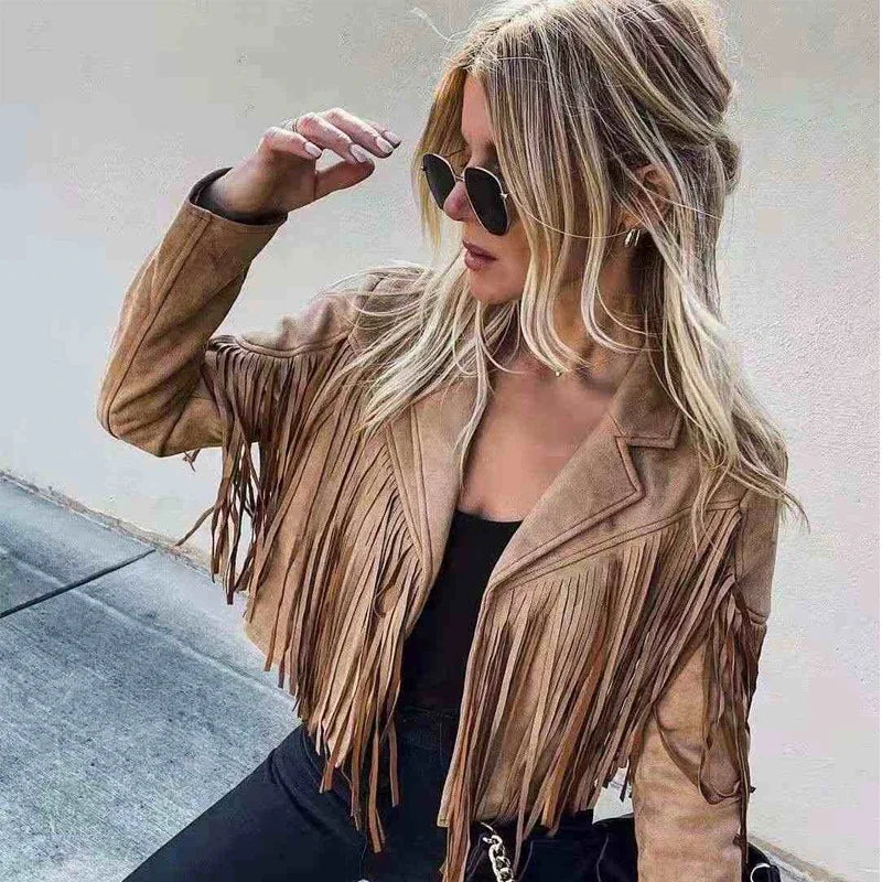 Women's Casual Fringe Cropped Jacket Western Boho Vintage Long Sleeve Zip Up Trendy Autumn Outerwear