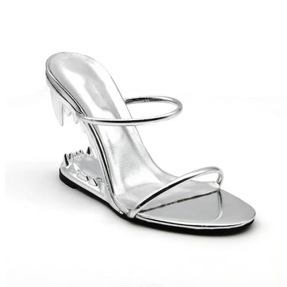 2026 Big Gold Chain Peep Toe Tiger Teeth Heel Sandals 2024 New Fashion Silvery Beach Party Outdoors Women's Slippers Size 35-43