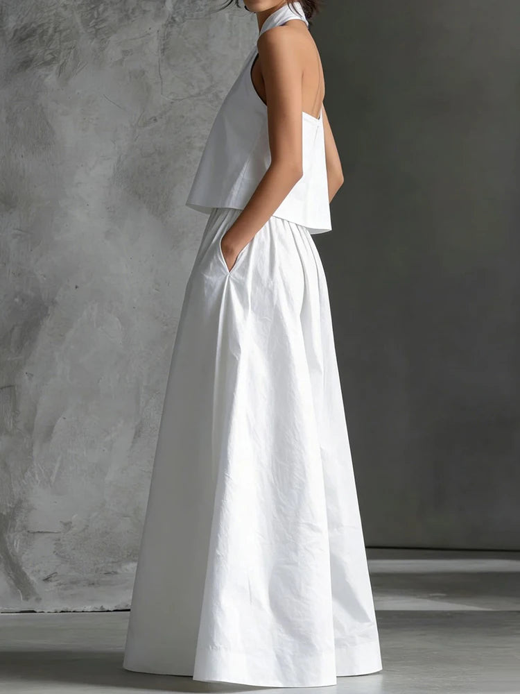 2026 Women Summer Casual Holiday Halter Sleeveless Pullover Top with Wide Leg Pants Two-Piece Set Backless Patchwork Chic Outfit