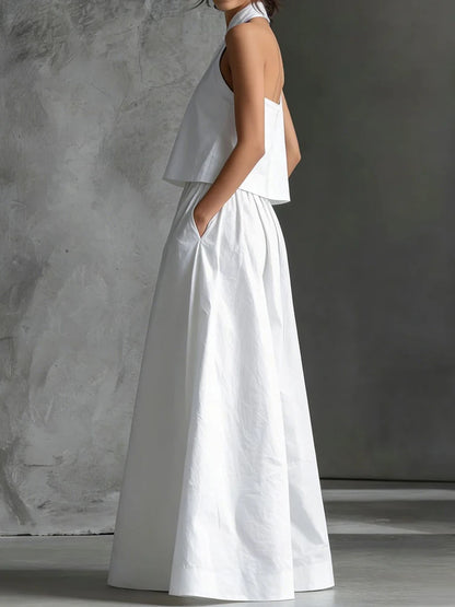 2026 Women Summer Casual Holiday Halter Sleeveless Pullover Top with Wide Leg Pants Two-Piece Set Backless Patchwork Chic Outfit