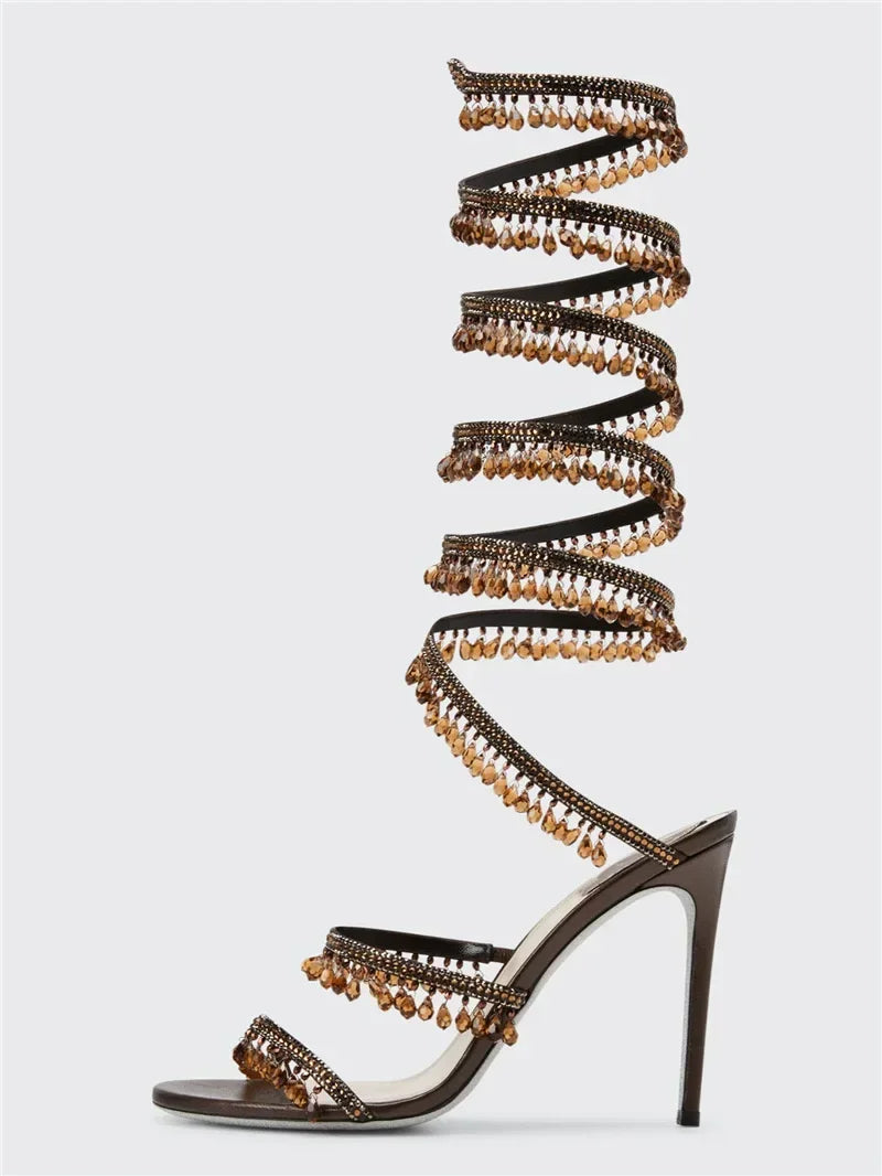 2024Women's New Water Diamond Sandals Fashion Tassel Crystal Shoes Sexy Banquet Party Twin Stiletto Women's Large Sandals