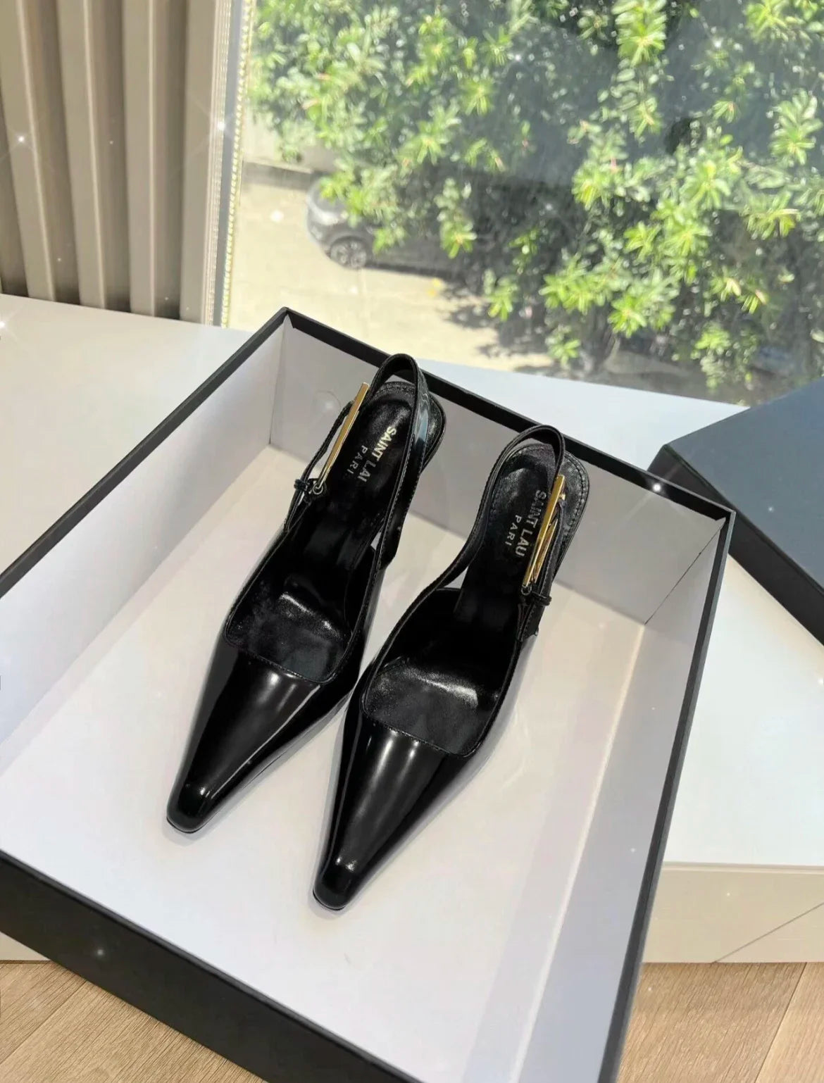 Black Pointed Toe High Heels Thin Heel Metal Cap Sandals Women's Shoes Elegant Painted Leather Sexy Fine Heel New 2025