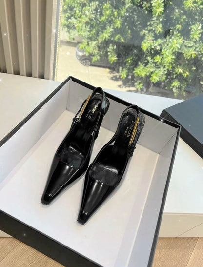 Black Pointed Toe High Heels Thin Heel Metal Cap Sandals Women's Shoes Elegant Painted Leather Sexy Fine Heel New 2025