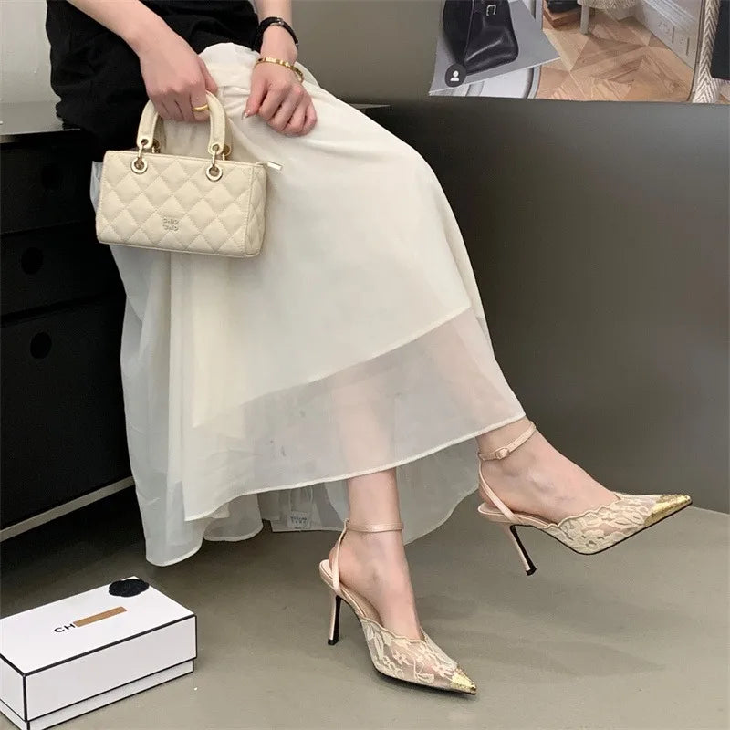 Eilyken New Design Breathable Mesh Thin High Heels Woman Pumps Elegant Pointed Toe Buckle Strap Party Prom Mule Shoes