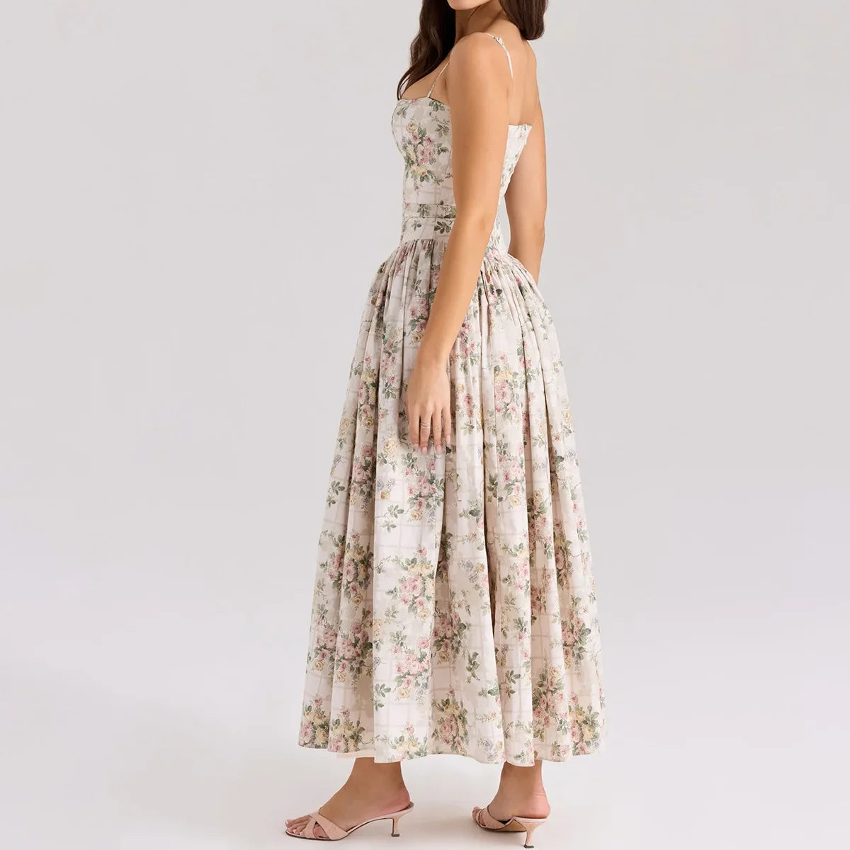 Oligai Floral Print Midi Sundress Elegant Spaghetti Strap Flowy Dress Aussie Summer Women Boho Chic Beach Dress