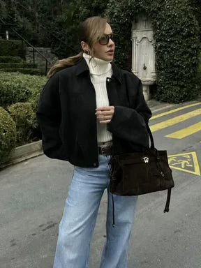 Women's Fashion Pilot Jacket with Bat Sleeves and Zipper, Casual Top