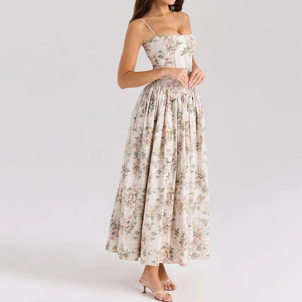 Oligai Floral Print Midi Sundress Elegant Spaghetti Strap Flowy Dress Aussie Summer Women Boho Chic Beach Dress