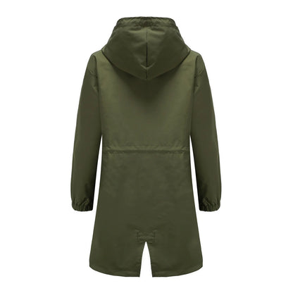 Spring Autumn Women's Trench Coat Water-Repellent Hooded Windbreaker Outdoor Loose Casual Zipper Long Jacket