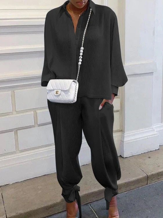 Classic Solid Shirt Pants Set Women Casual Loose Long Sleeved Lapel Elastic Waist Two Piece Suit 2025 New Summer Street Outfit