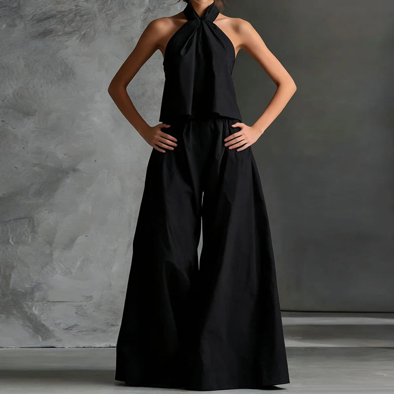 2026 Women Summer Casual Holiday Halter Sleeveless Pullover Top with Wide Leg Pants Two-Piece Set Backless Patchwork Chic Outfit