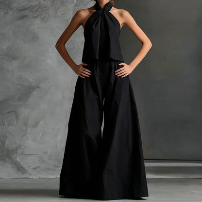 2026 Women Summer Casual Holiday Halter Sleeveless Pullover Top with Wide Leg Pants Two-Piece Set Backless Patchwork Chic Outfit