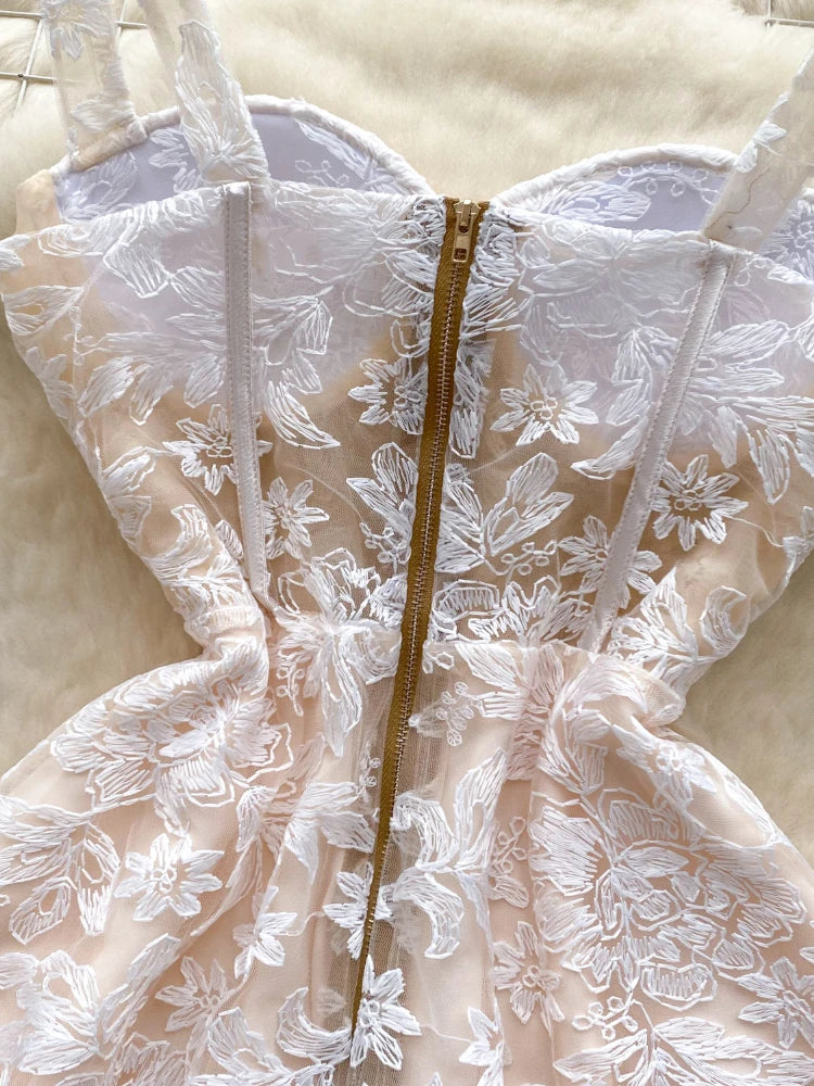 Women Sexy Hollow Out Party Club Embroidery Dress Ladies Formal Occasion Summer Fish Bone Splicing Strap Evening Vestidos Autumn