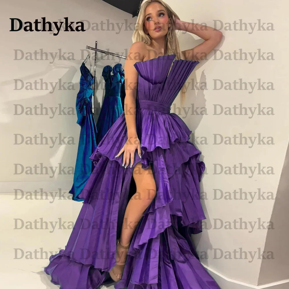 Dathyka Pleats Prom Dress Satin A Line Evening Dress High Slit Tiered Party Dress For Women Strapless Robe De Mariee Customised