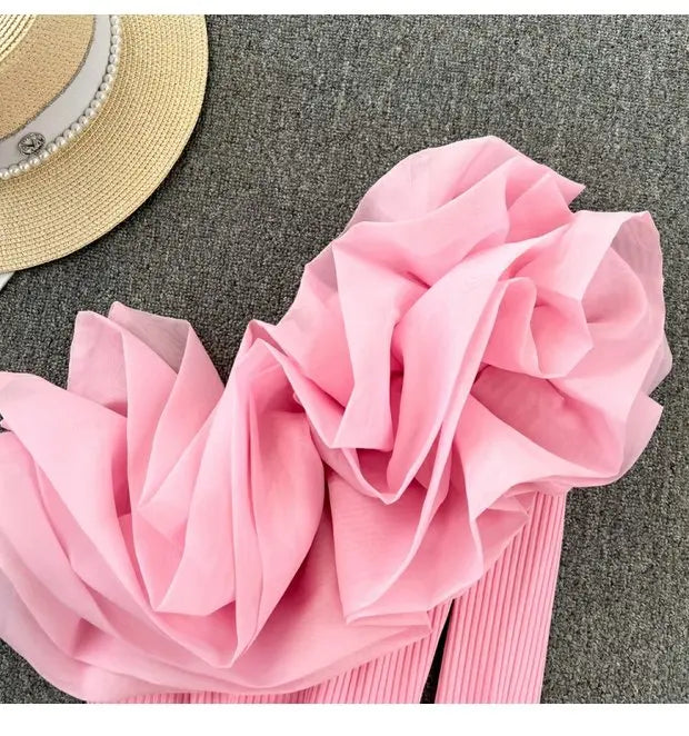 Retro Personali 3D Flower Slant Collar Single oulder Long Sve T-irt Women's Faion ort Sle Belly Button Baring Top