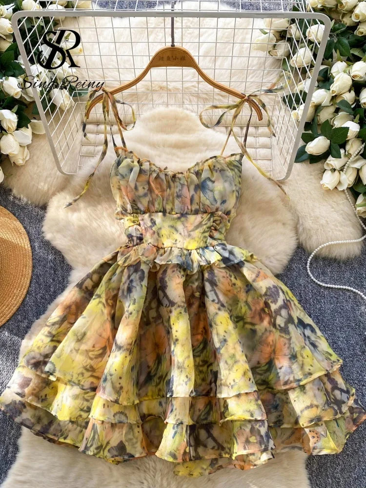 SINGREINY Holiday Print Flowy Birthday Dress Women Strap Butterfly Vacation Cake Sundress Organza Luxury Party Short Dress
