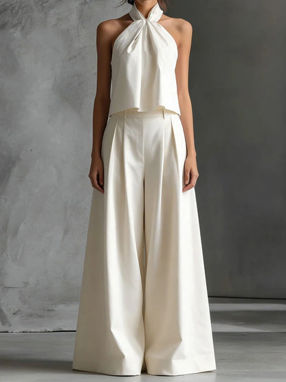 2026 Women Summer Casual Holiday Halter Sleeveless Pullover Top with Wide Leg Pants Two-Piece Set Backless Patchwork Chic Outfit