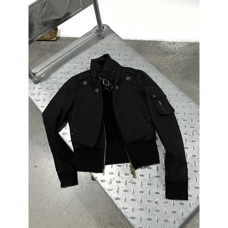 MEXZT Y2K Cropped Black Jacket Women Harajuku Vintage Stand Collar Coat Autumn Streetwear Grunge Long Sleeve Zipper Outerwears