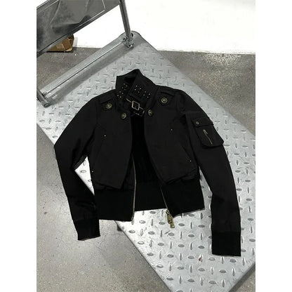 MEXZT Y2K Cropped Black Jacket Women Harajuku Vintage Stand Collar Coat Autumn Streetwear Grunge Long Sleeve Zipper Outerwears