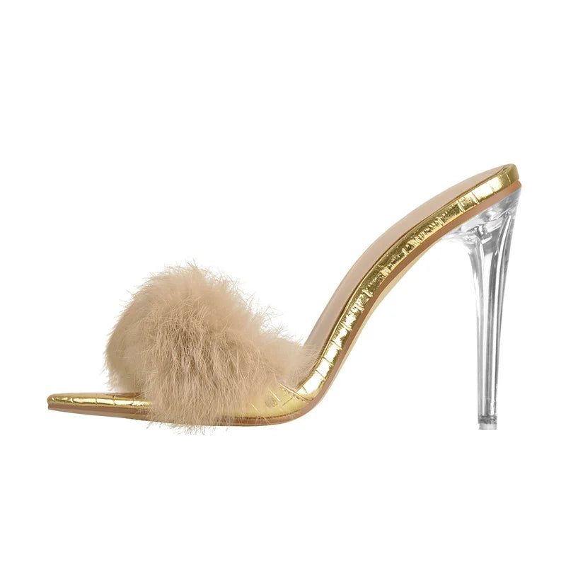 Onlymaker Women Peep Toe Mules Artificial Fur Slip On Gold White Thin High Sandals Big Size High Quality Summer Brand Heels