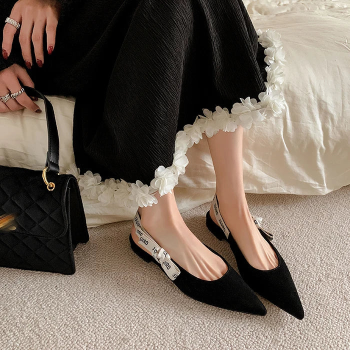 New Summer Low Block Heel Suede Pointed Toe Low-Cut Flats with Letter Back Strap Closed-Toe Sandals