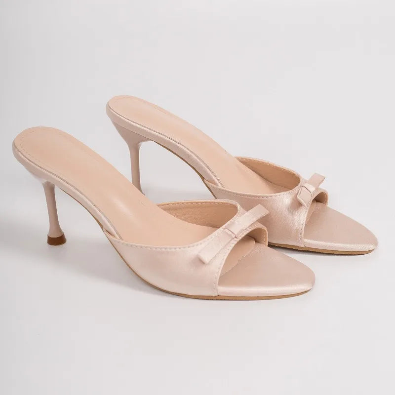 Designer Thin High Heel Summer Women Slippers Fashion Satin Butterfly-knot Dress Slides Ladies Sexy Stripper Party Sandals