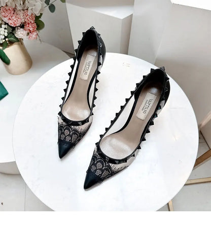 V-Home Mandarin Orange High Heels Lace Mesh Rivet Pointed Toe Versatile Single Shoes Women Summer Fashionable Elegant