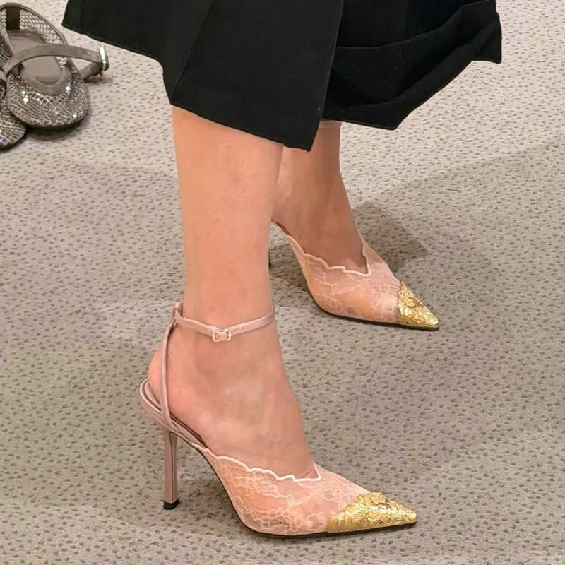 2026 Fashion Lace Sequin Hollow Out Mesh Women Pumps Sexy Pointed Toe Designer Low Heels Slingback Sandals Ladies Shoes