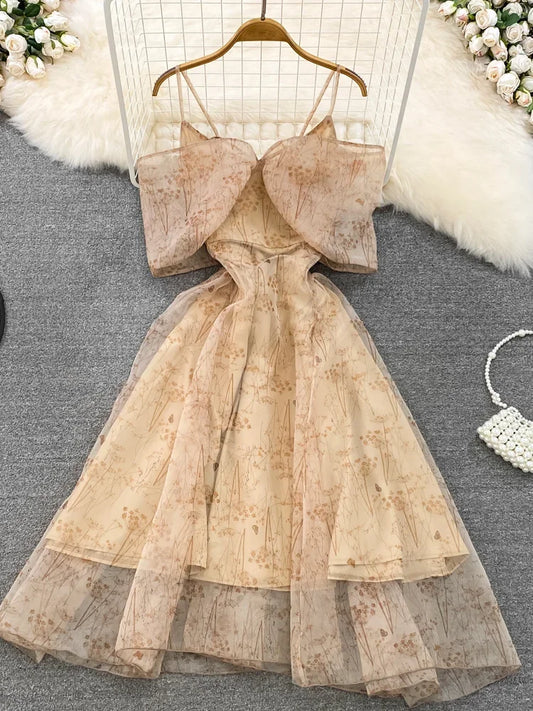 Women Elegant Bow Sexy Chiffon Print A-line Dress Summer One Shoulder High Waist Slim Vintage Seaside Party Vacation Robe