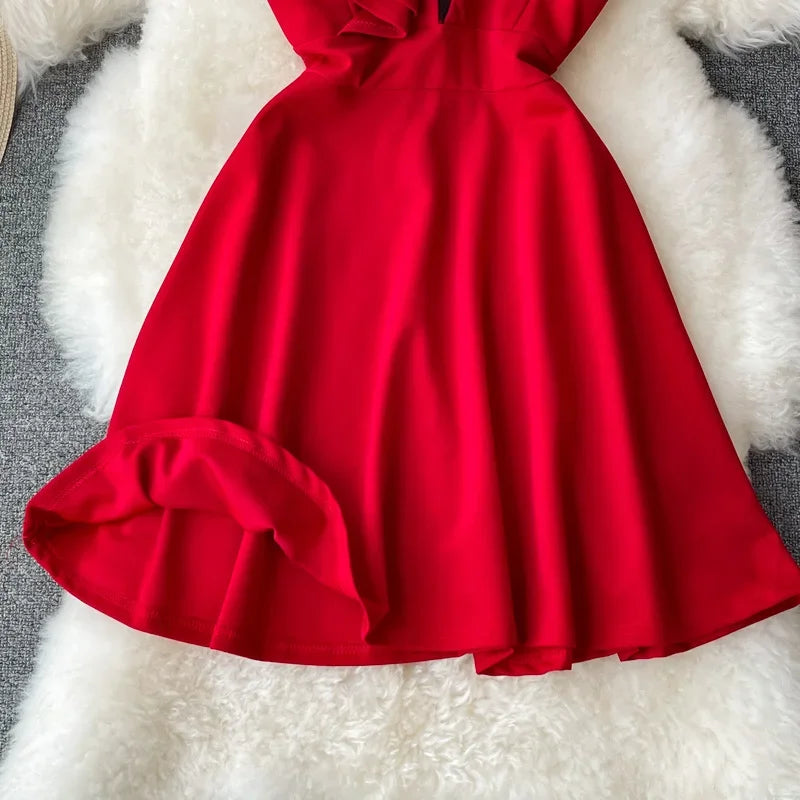 Ins Fashion Sexy Backless One Shoulder Strap Club Dress Chic High Waist A-line Mini Dress Women Red Party Dress