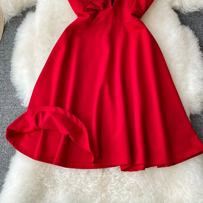 Ins Fashion Sexy Backless One Shoulder Strap Club Dress Chic High Waist A-line Mini Dress Women Red Party Dress