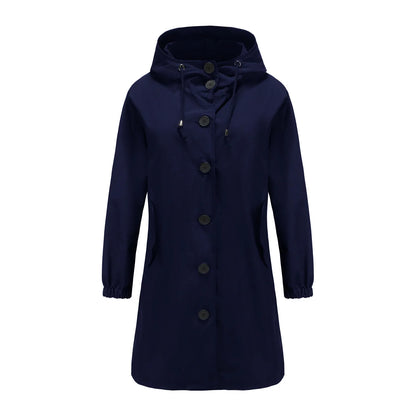Spring Autumn Women's Trench Coat Water-Repellent Hooded Windbreaker Outdoor Loose Casual Zipper Long Jacket