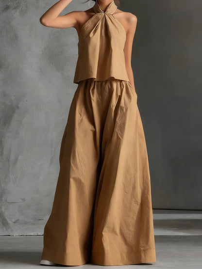2026 Women Summer Casual Holiday Halter Sleeveless Pullover Top with Wide Leg Pants Two-Piece Set Backless Patchwork Chic Outfit