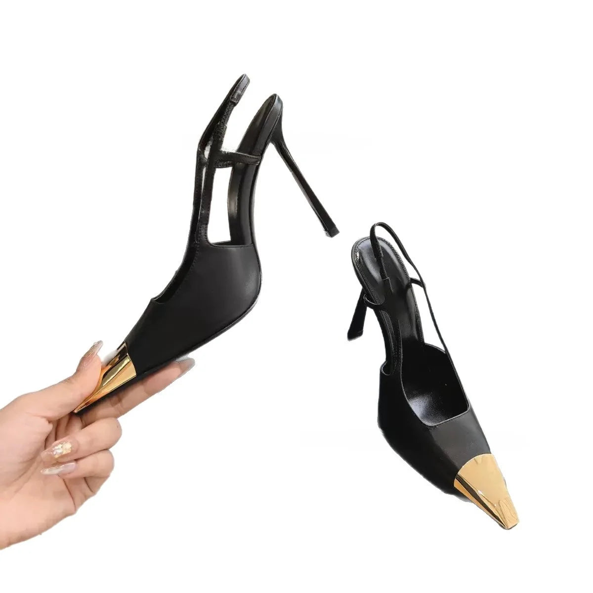 High Quality Yangshenglin Metal Head Thin Heel High Heels 2025 Hot Black Patent Leather Covering Square Head Elegant Lady Style