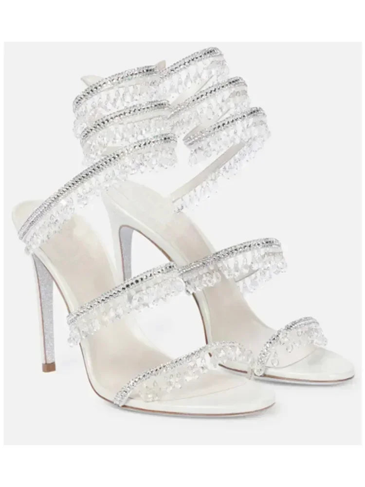 2024Women's New Water Diamond Sandals Fashion Tassel Crystal Shoes Sexy Banquet Party Twin Stiletto Women's Large Sandals