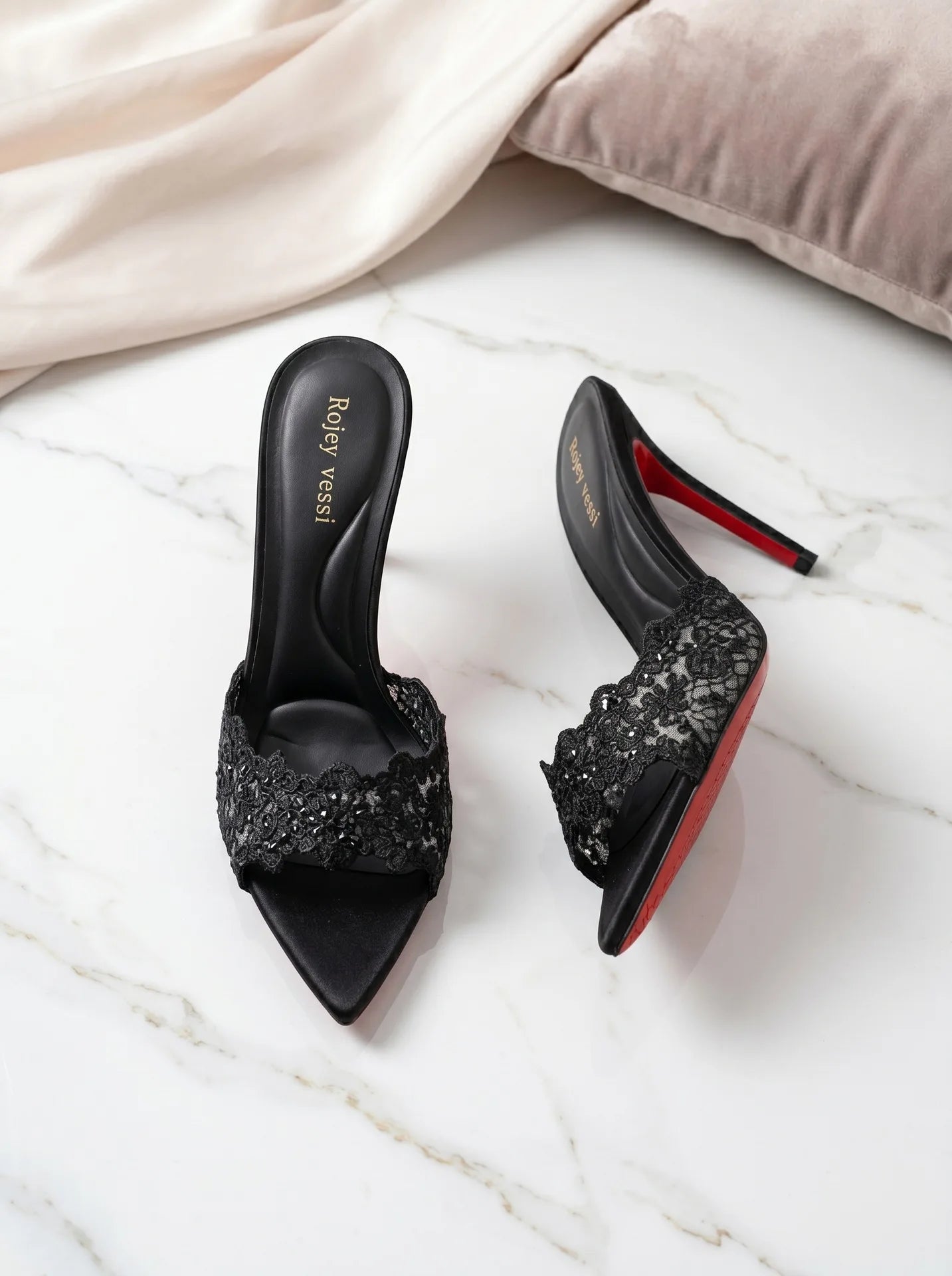 High heeled sandals for women to wear outside, summer lace high heels for women, sexy black slim heeled one-piece slippers