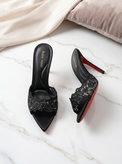 High heeled sandals for women to wear outside, summer lace high heels for women, sexy black slim heeled one-piece slippers