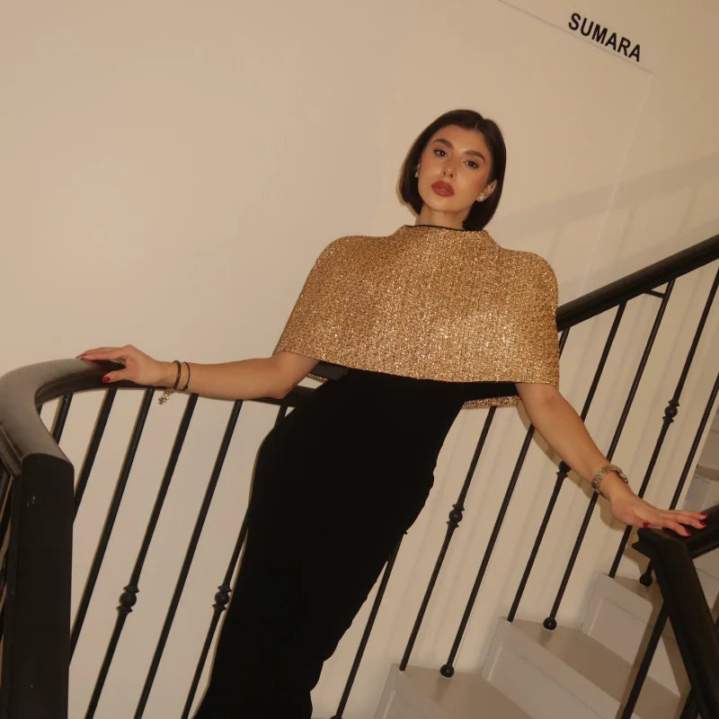 Women Elegant Gold Sparkle Capelet Top Shiny Tweed Shoulder Wrap Turtleneck Short Cloak New Lady Evening Club Party Tops 2026