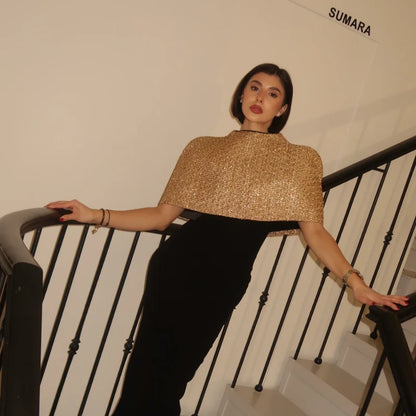 Women Elegant Gold Sparkle Capelet Top Shiny Tweed Shoulder Wrap Turtleneck Short Cloak New Lady Evening Club Party Tops 2026