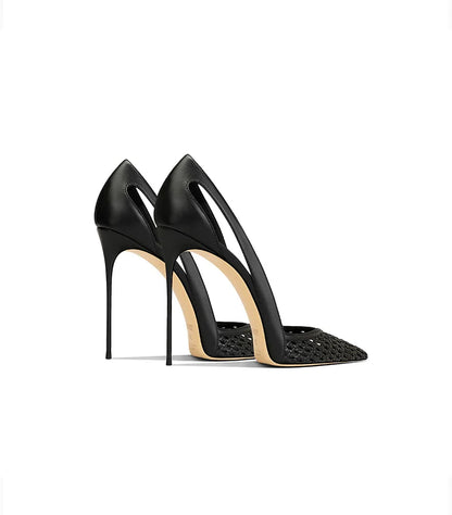 Summer New Women's Black Leather Woven Fashionable and Sexy Pointed Thin Heel High-heeled Shoes