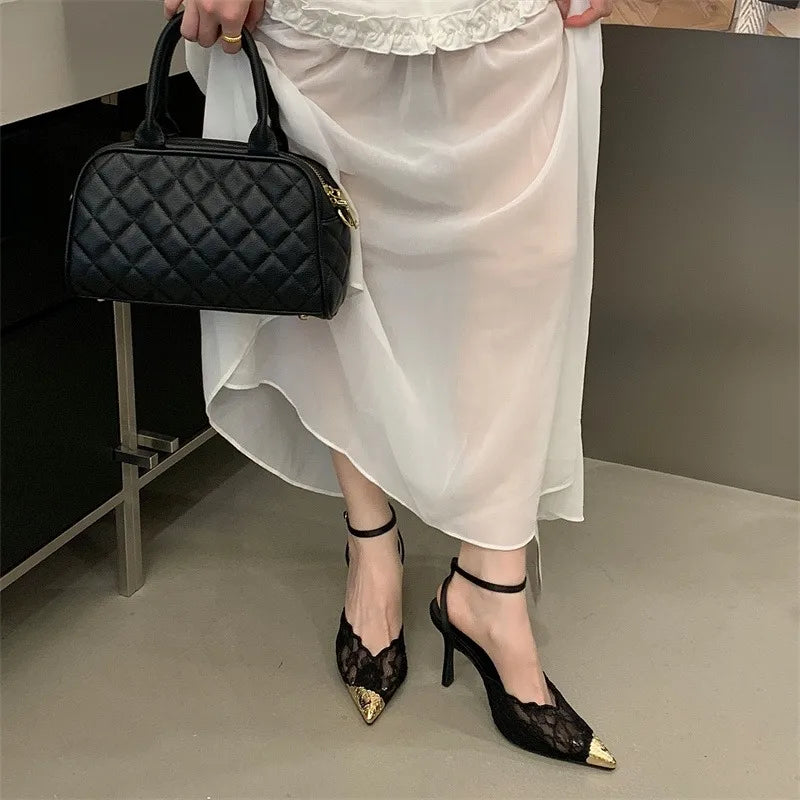 Eilyken New Design Breathable Mesh Thin High Heels Woman Pumps Elegant Pointed Toe Buckle Strap Party Prom Mule Shoes